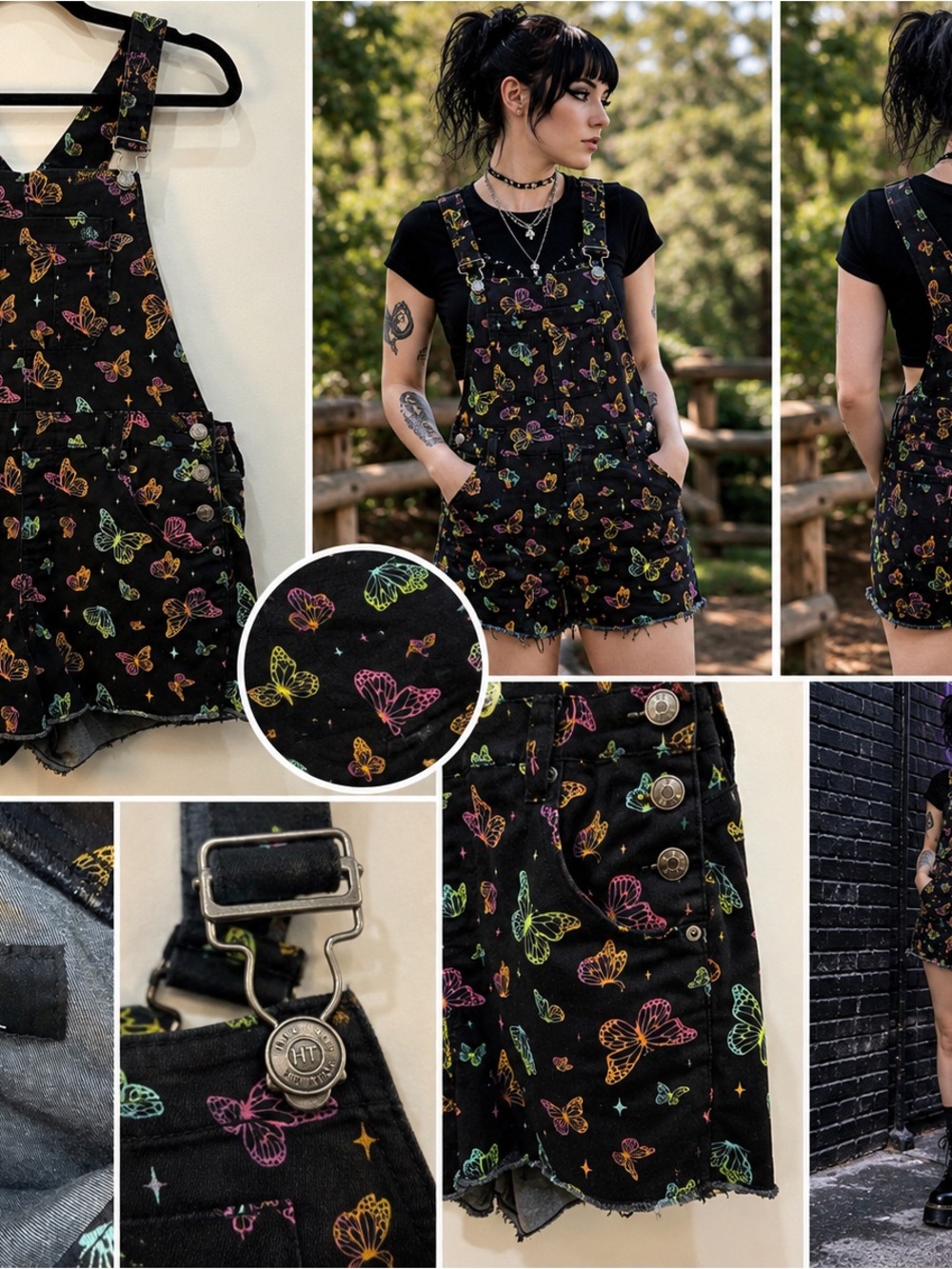 Hot Topic HT Denim Butterfly Shortalls Medium Black Rainbow Goth Y2K Overalls